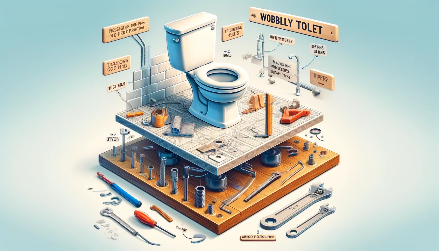 Illustrated guide to fixing a wobbly toilet with tools and components laid out on a wooden surface.