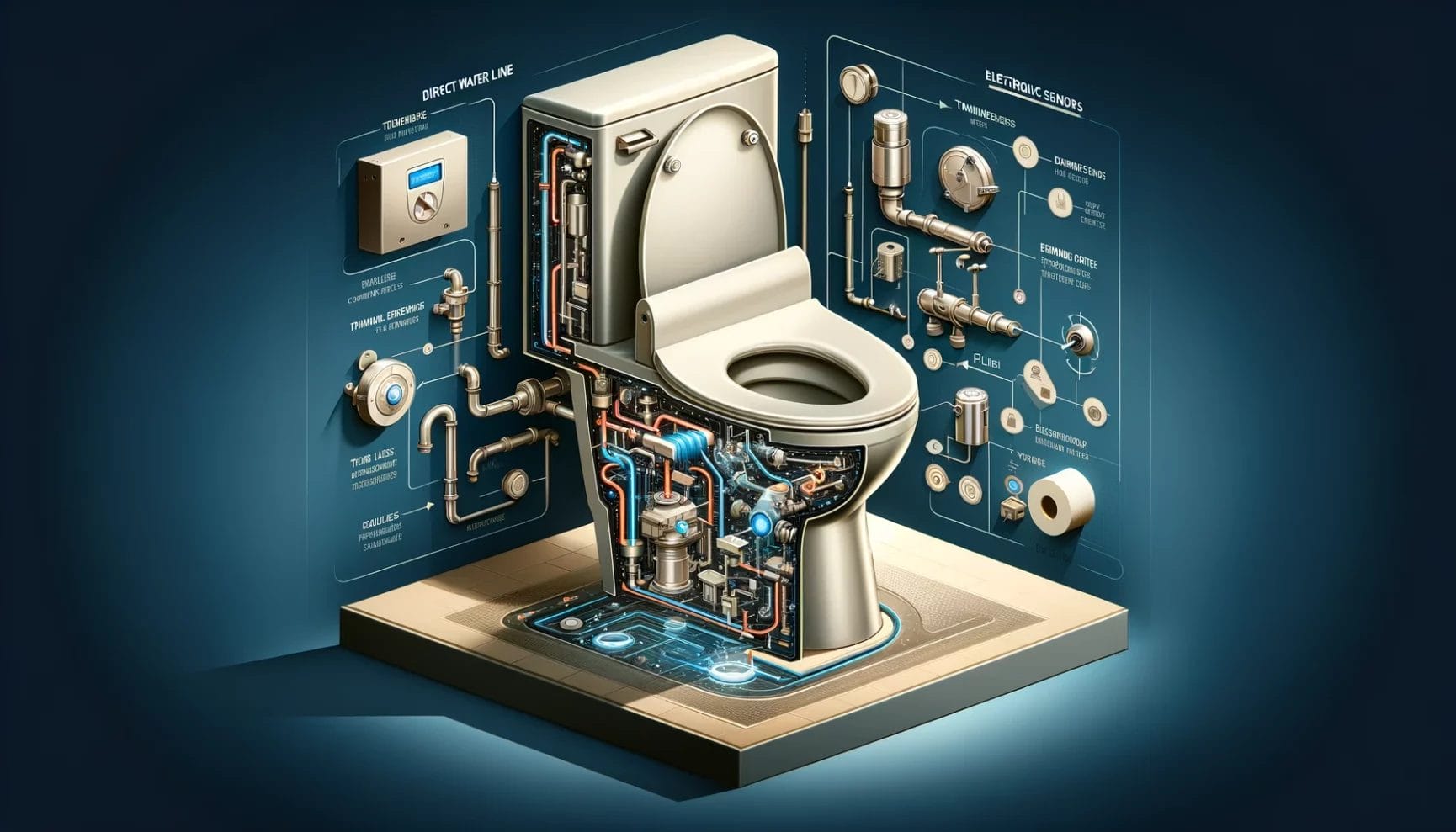 Exploded-view illustration of a modern toilet showcasing its components and internal mechanisms.