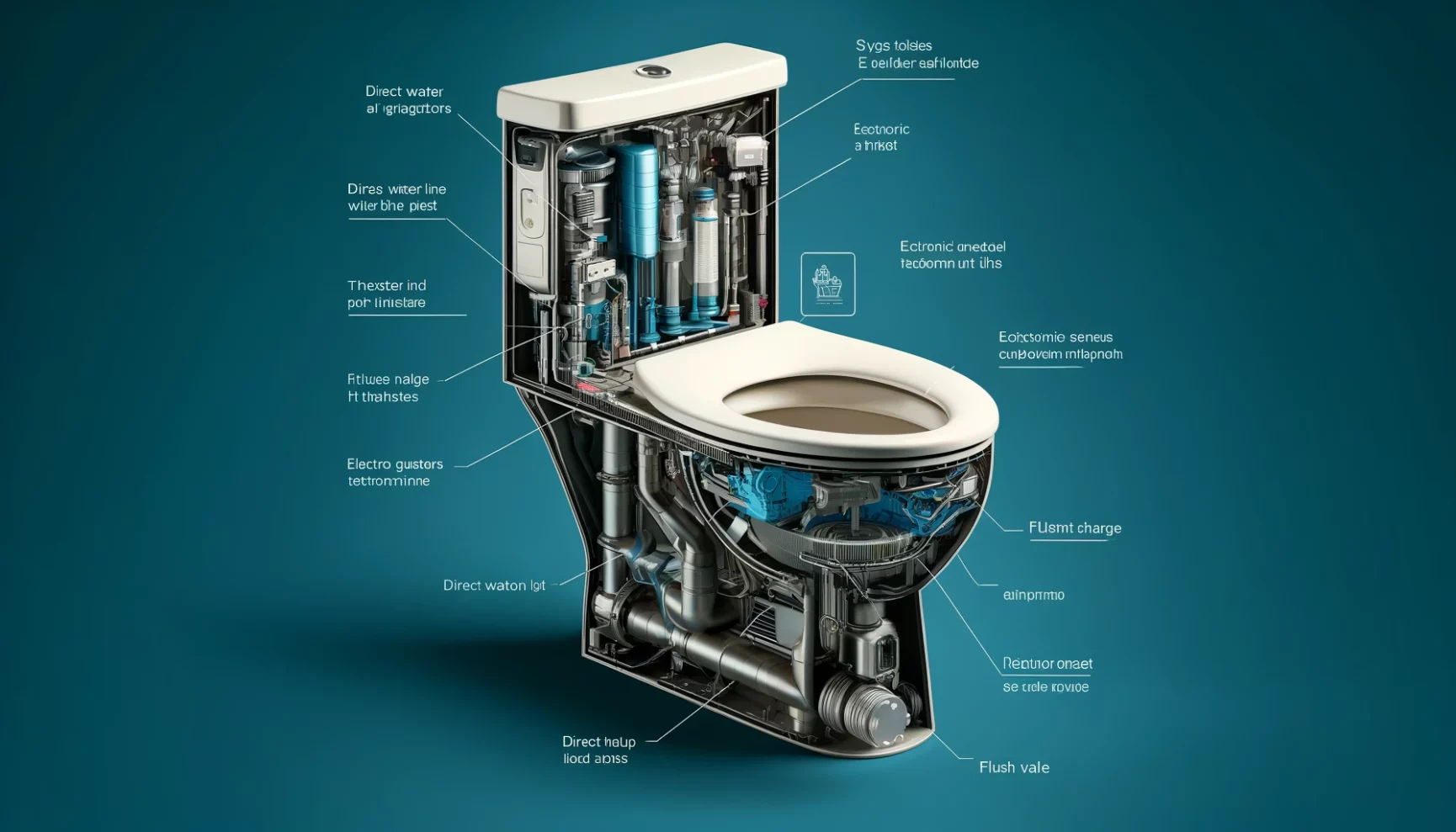 Cutaway illustration of a modern toilet with labeled components showcasing its internal mechanisms.