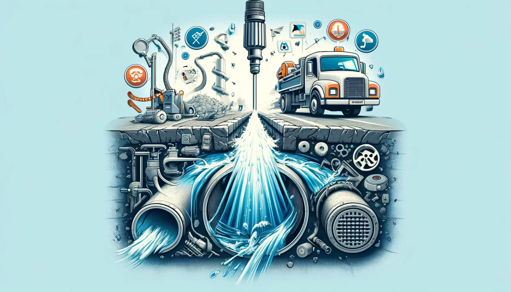 Illustration of water supply infrastructure with a cross-section view, showing pipes, a water treatment facility, and related icons representing urban water services.
