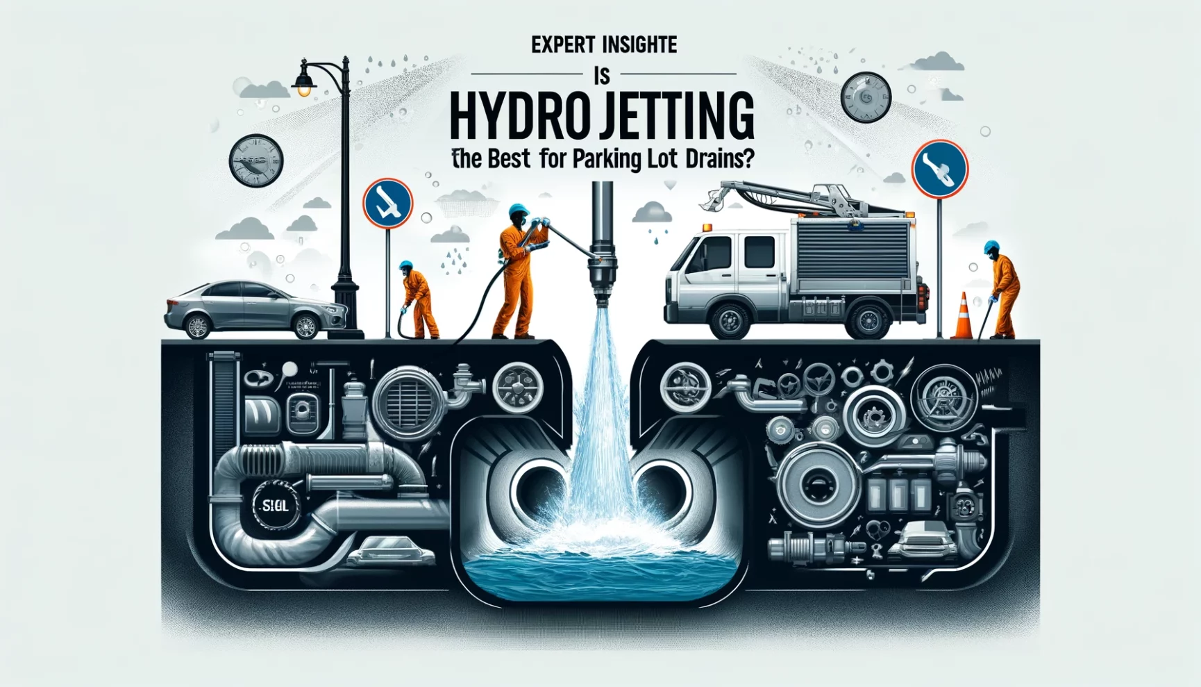 An illustrative comparison of hydro jetting effectiveness in clearing parking lot drains, featuring surface and subsurface visuals.