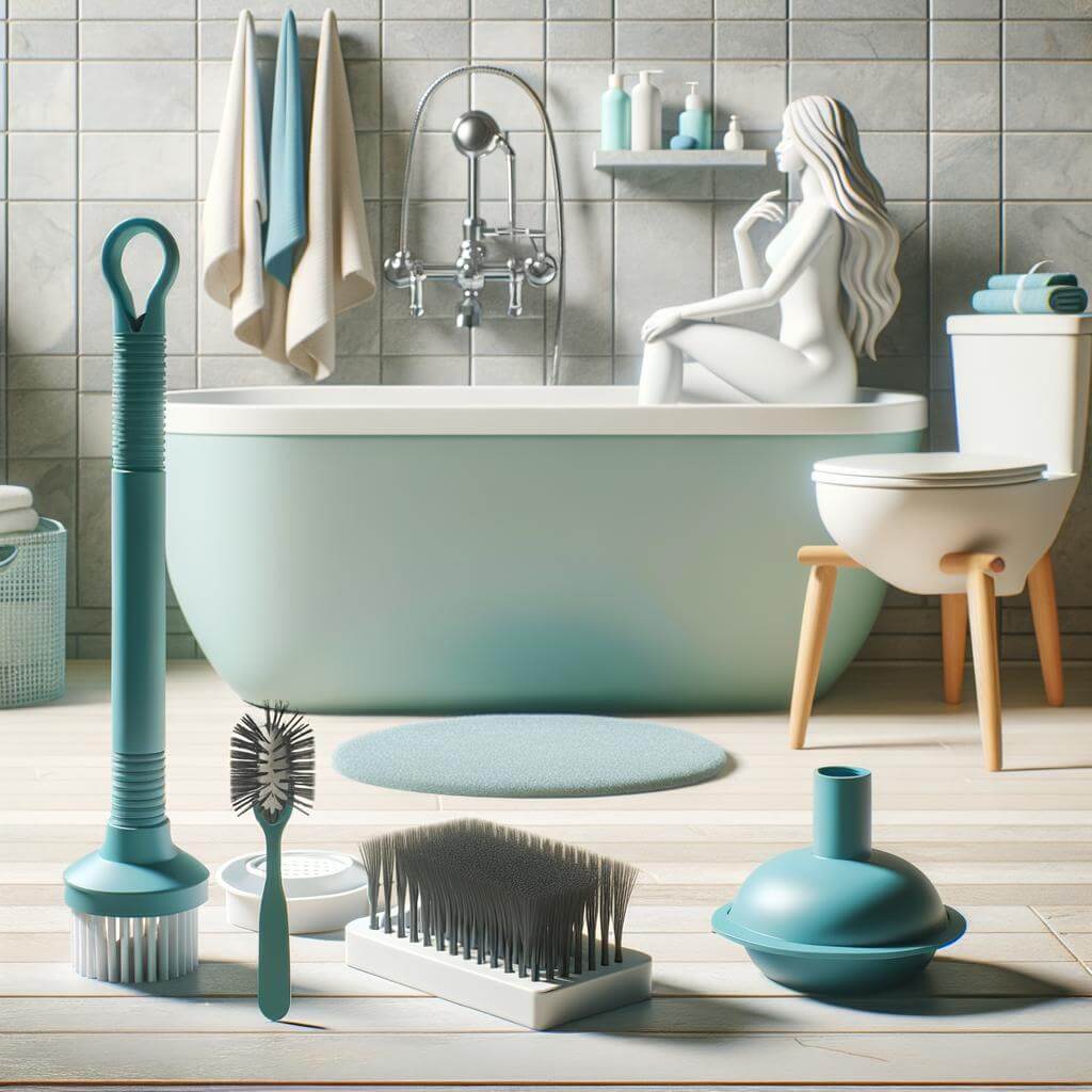 A stylized, minimalist bathroom with a selection of cleaning tools in the foreground.