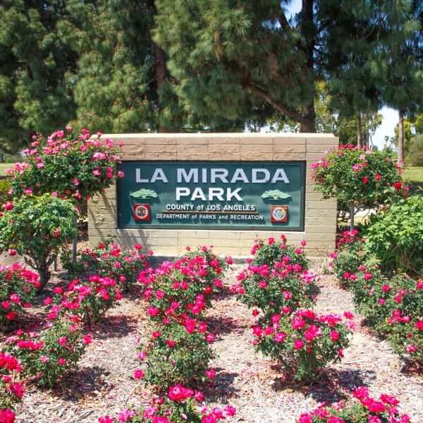 La mirada park sign surrounded by blooming red flowers.