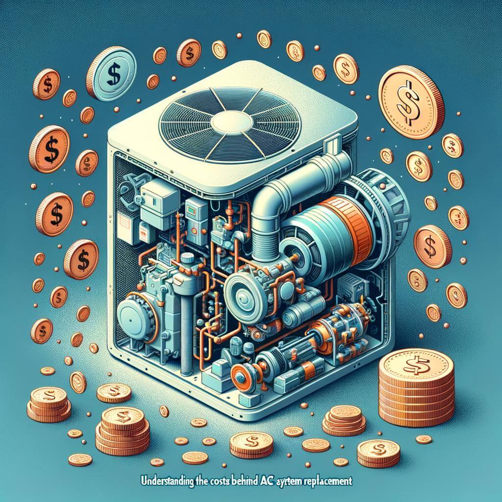 Illustration of an air conditioner unit surrounded by coins and dollar symbols, highlighting the expenses involved in ac system replacement.