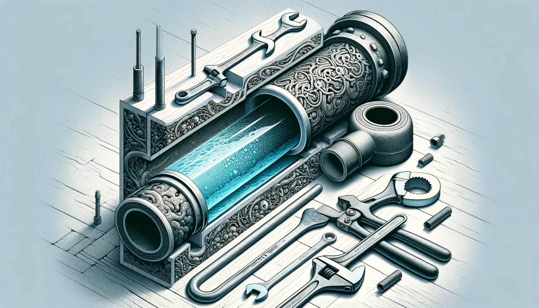 Illustration of a detailed mechanical device with a central glowing blue tube, surrounded by ornate metal parts and tools on a textured surface.