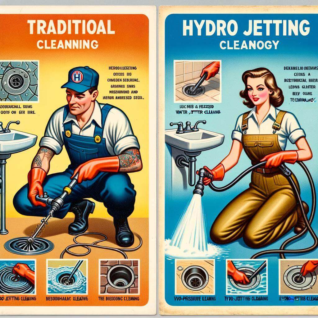 Vintage-style advertisement posters contrasting "traditional cleaning" with a man using a drain snake, and "hydro jetting" with a woman using high-pressure water cleaning technology.