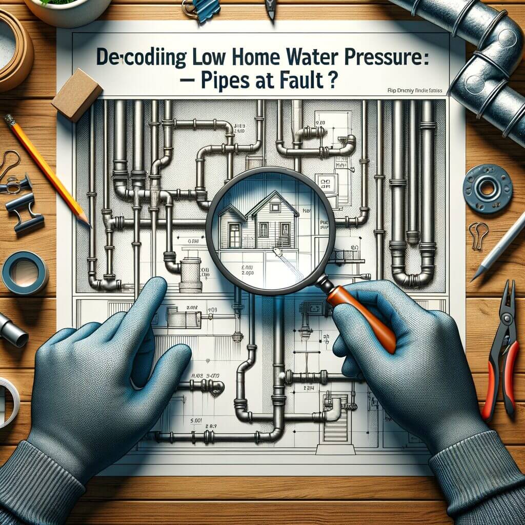 make me a catchy blog post images that is eye catching that help my customers know what the blog is about for, be sure to make the image look High def and clear: Decoding Low Home Water Pressure: Pipes at Fault?