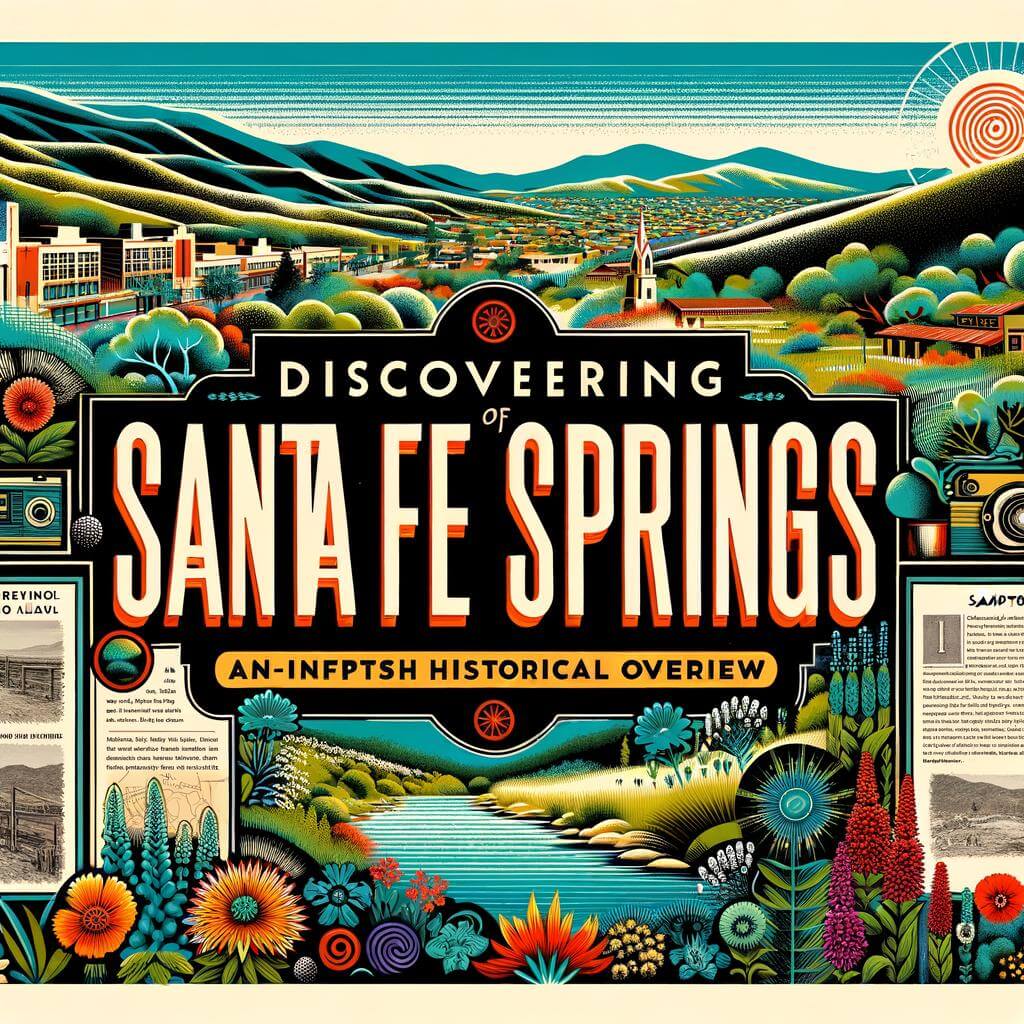 Illustrated poster featuring a colorful and stylized representation of the landscape and history of santa fe springs.