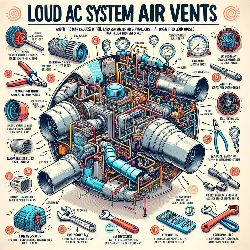 Illustrated guide detailing various components and potential issues of a loud air conditioning system.