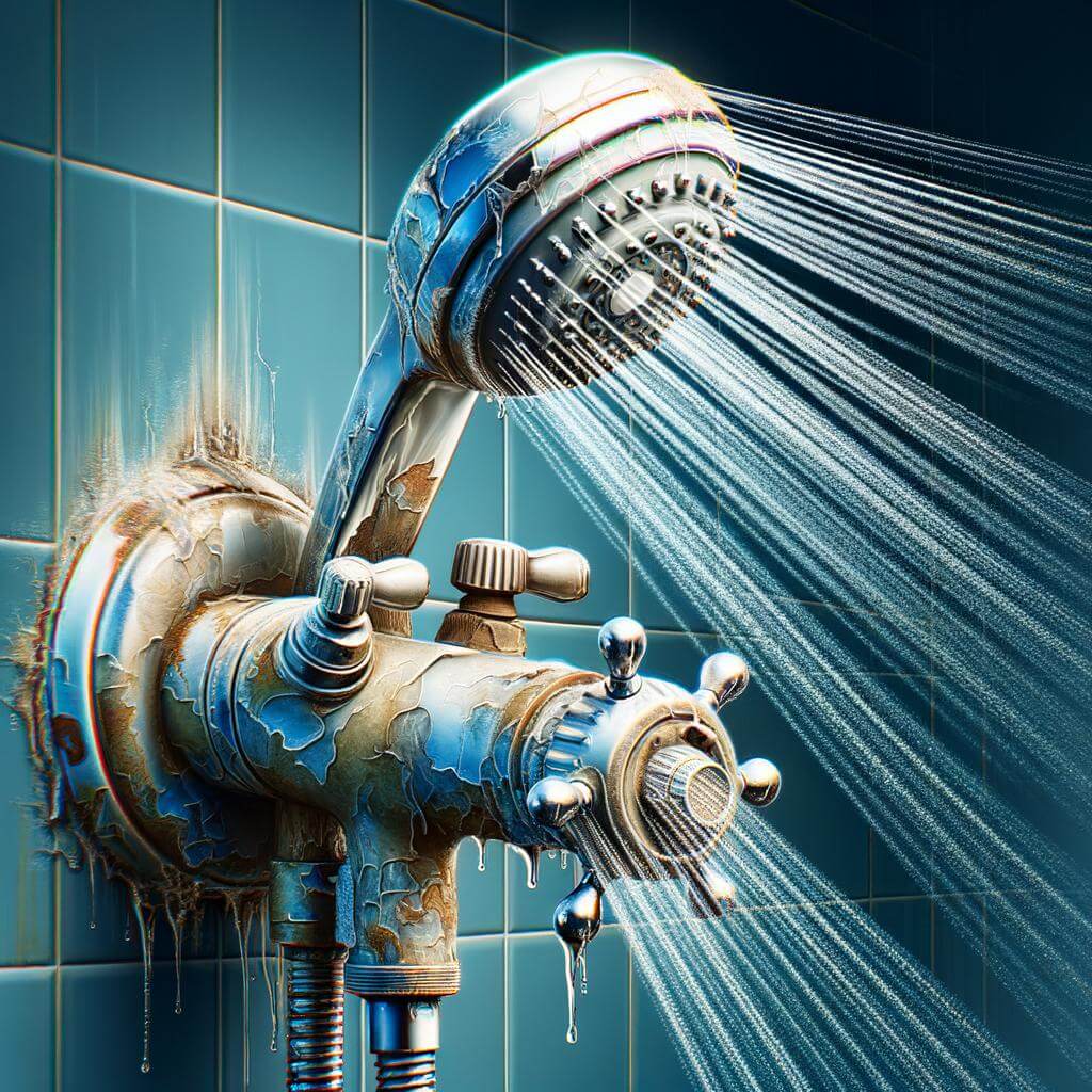 A rusty showerhead with water spraying out against a tiled blue background.