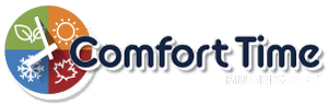 Logo of Comfort Time Plumbing & Air with symbols representing winter, spring, summer, and fall.