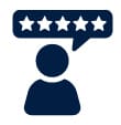Icon of a person with a speech bubble above their head containing five stars, indicating a five-star rating or positive review. Icon of a person with a speech bubble above their head containing five stars, indicating a five-star rating or positive review.