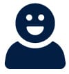 Solid dark blue icon of a person with a round head and shoulders, featuring a wide smile and open eyes. Solid dark blue icon of a person with a round head and shoulders, featuring a wide smile and open eyes.